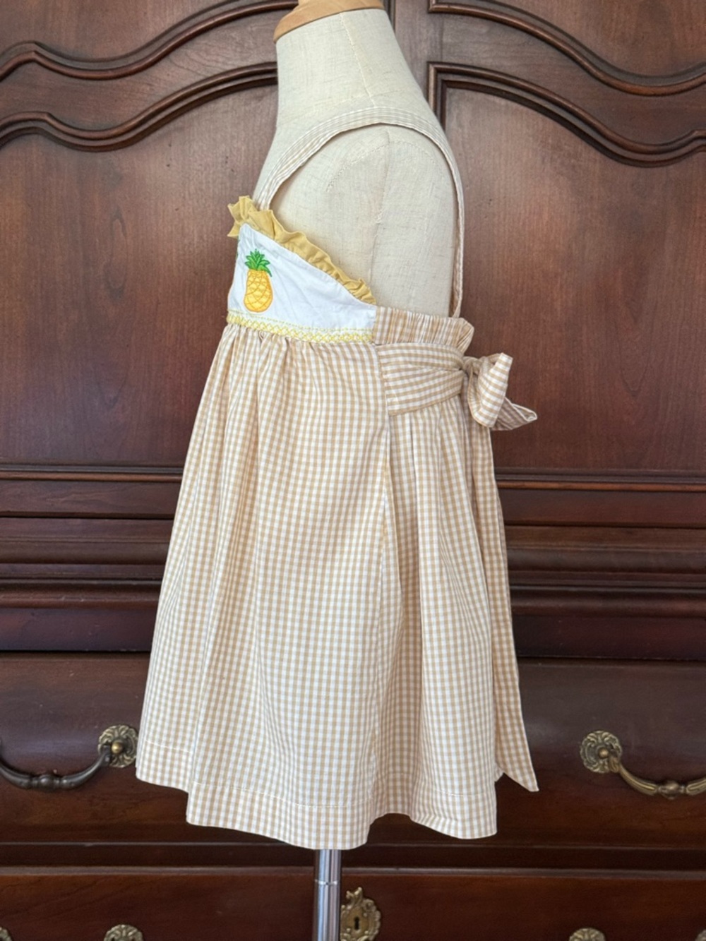 Lil Cactus Pineapple Gingham Dress 3T Girls Yellow Smocked Summer Sundress - Picture 4 of 6